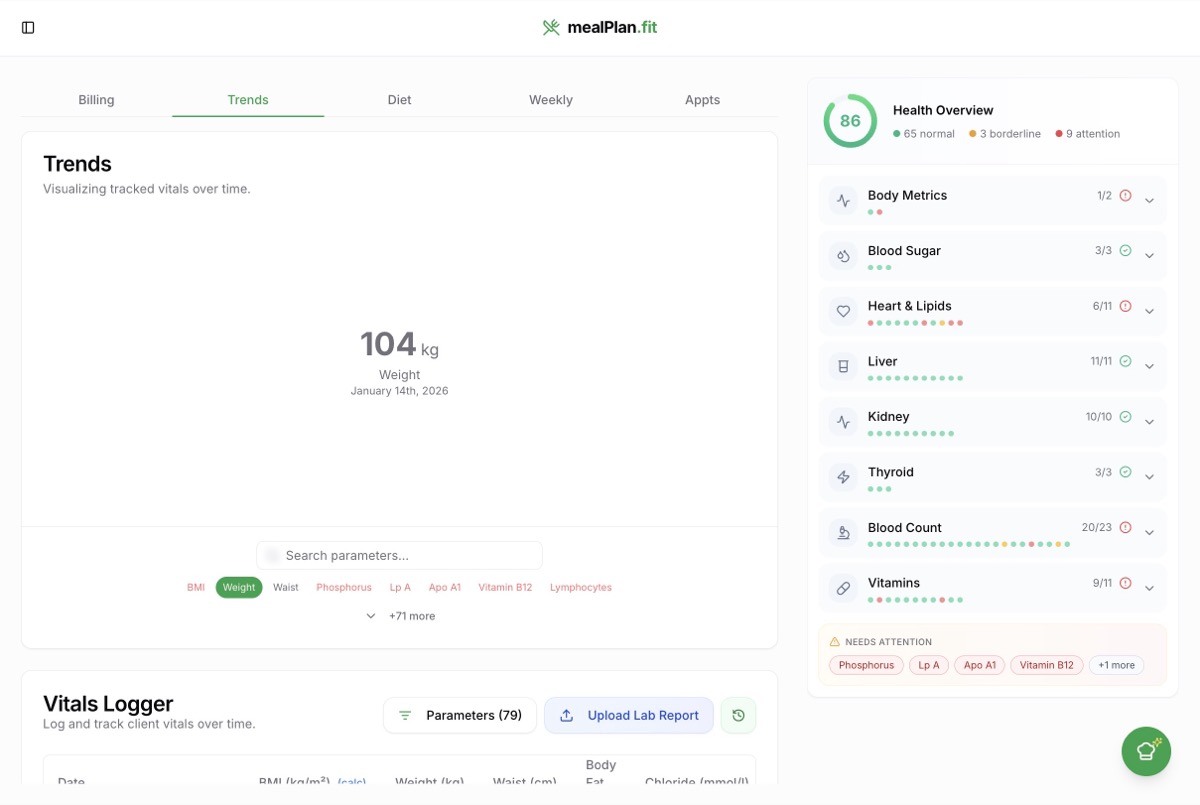 Client management dashboard — add client profiles with dietary preferences, allergies, and health history