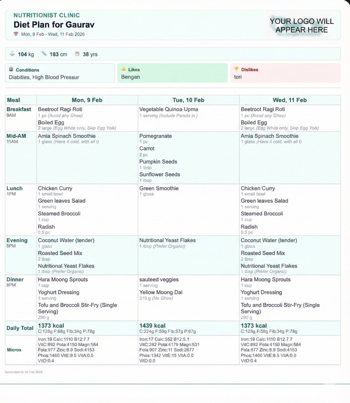 WhatsApp meal plan sharing — send formatted diet plans directly to client WhatsApp